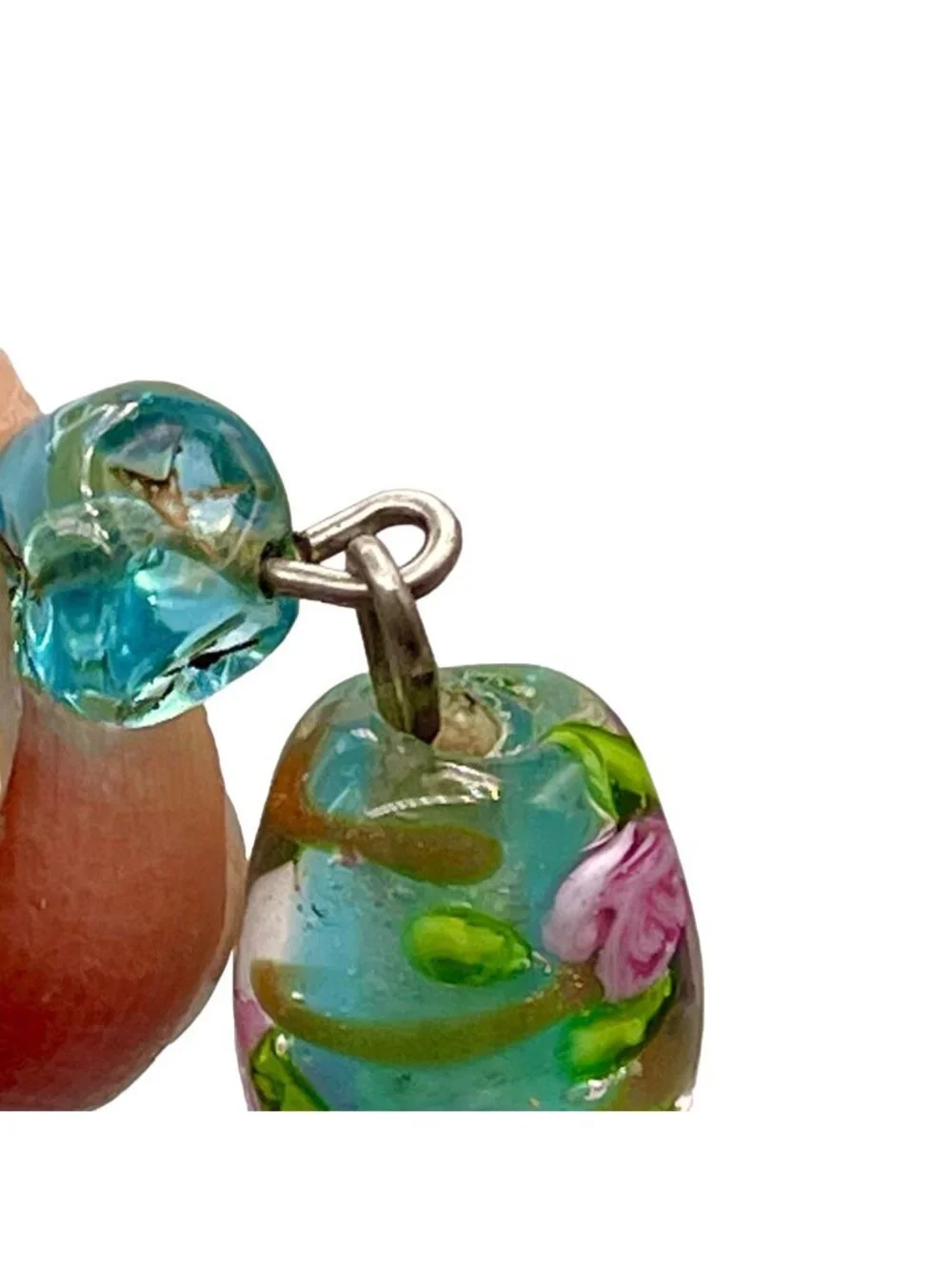 Handmade Glass Bead Lavalier Necklace Teal Gold Pink Rose Sterling Vintage 1950s - Picture 6 of 13